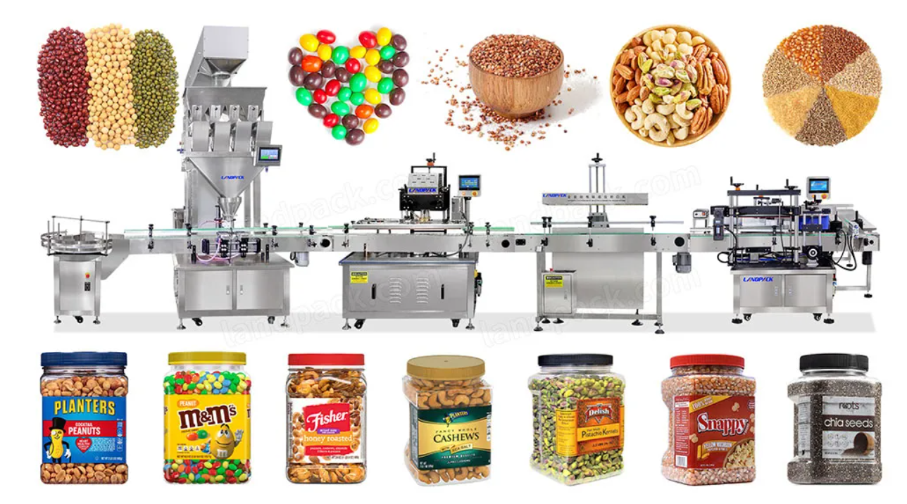 Готовая линия для сыпучих продуктов: производительность до 25 шт/мин, для сыпучих и гранулированных продуктов (сухофрукты, орехи, печенье, корма)-pic-mini