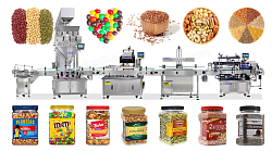 Готовая линия для сыпучих продуктов: производительность до 25 шт/мин, для сыпучих и гранулированных продуктов (сухофрукты, орехи, печенье, корма)-0